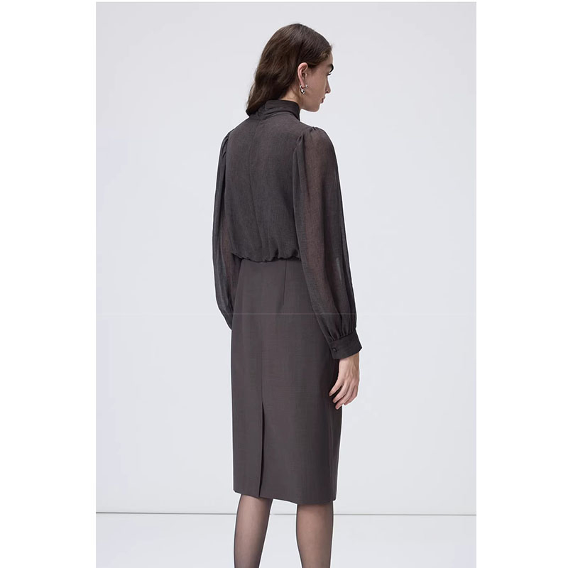 Custom Elegant Office Suit with Sheer Sleeves &amp; Tie Neck for Formal Wear