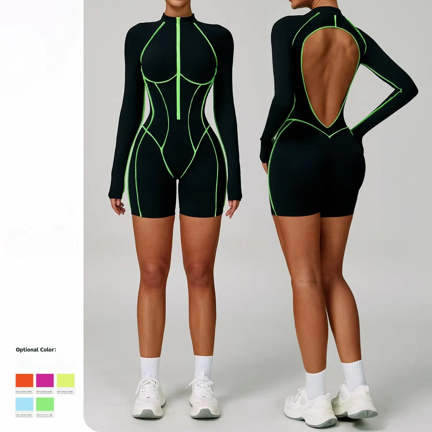Custom Brushed Color Block Yoga Jumpsuit With Cutout Back Tight Fit High Support Activewear For Women