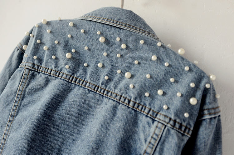 Fall Women Clothes Custom Logo Short Denim Jacket Long Sleeve Denim Jacket Women Beaded Pearl Loose Customized Logo Outdoor