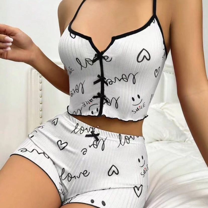 Trendy multi-color heart-print loungewear with front slit, summer style, 2 pieces for women.