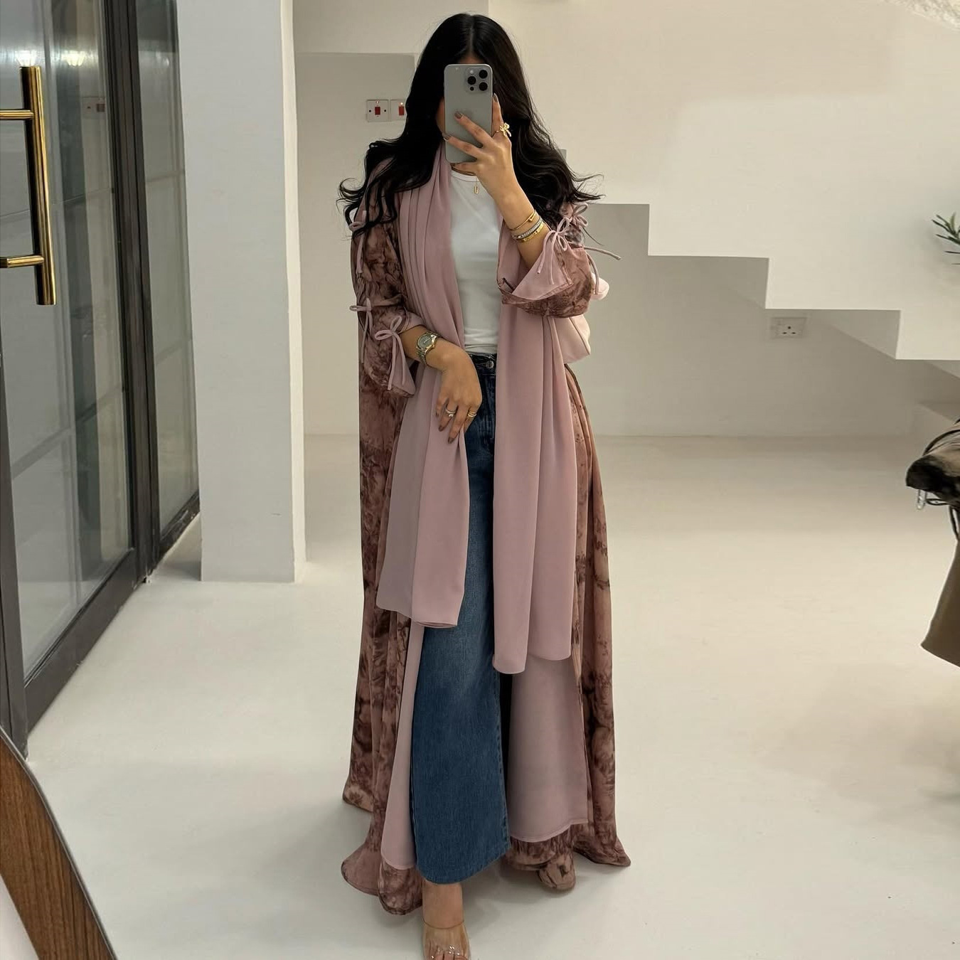 High Quality Elegant Modest Fashion Women's Muslim Polyester Chiffon Print Two-piece Summer Casual Set with Hood