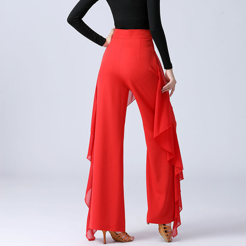 Womens Chiffon Ruffled Ballroom Dance Pants High Waist Wide-Leg Latin/Tango/Waltz Dance Trousers