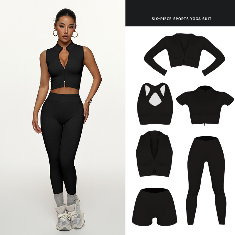 Best Selling Women's Yoga 6-Piece Set Breathable Solid Sports Bra Long Sleeve Jacket Slim Short Sleeve High Waist Butt Front