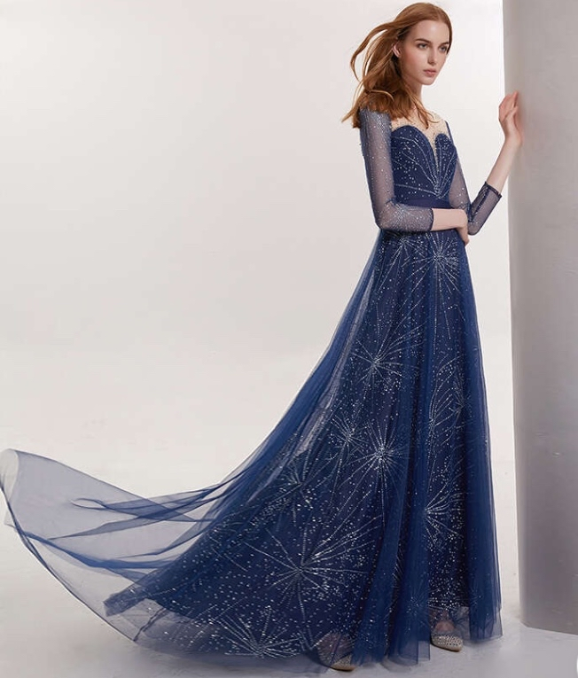 2020 Women's Fashion Temperament Celebrities Long Sequins Long-Sleeve Evening Wear