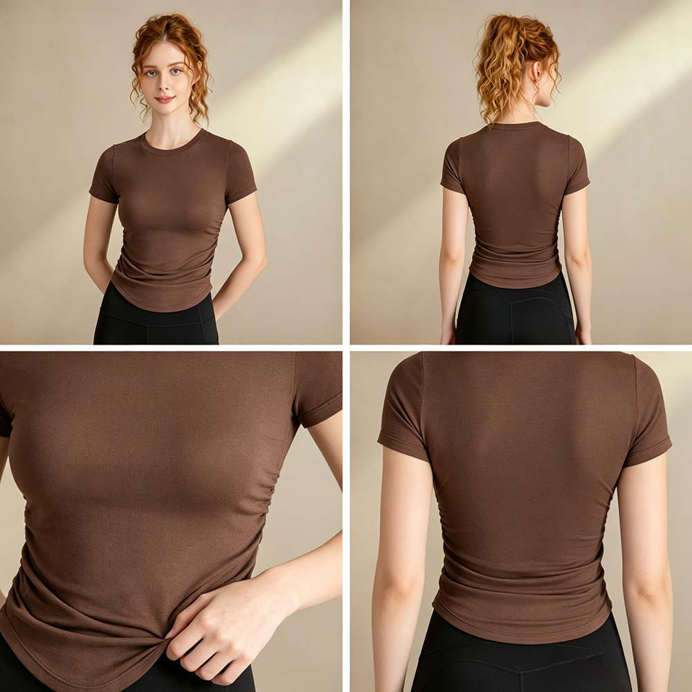 Women's Side Ruched Curved Hem Yoga Top Short Sleeve Crew Neck Slim Fit Breathable Soft Athleisure Casual Daily Wear in Stock