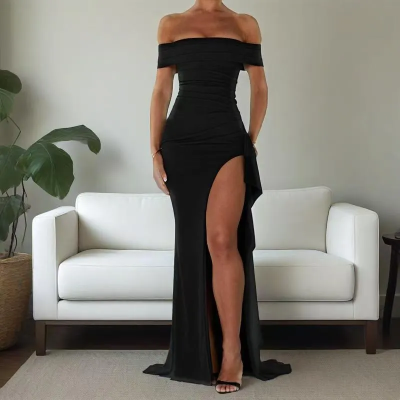 Ladies' Satin Split-Dress Exquisite-One-Shoulder Long Dress Solid Color Evening Dress Women's Wear