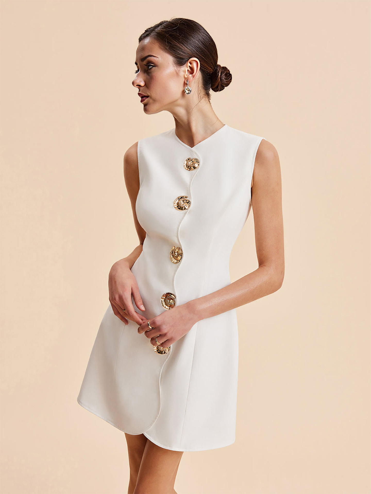 Premium Women's Elegant Fitted Midi A-Line Summer Slim Sleeveless Button Decoration Solid Formal Office Career Dress