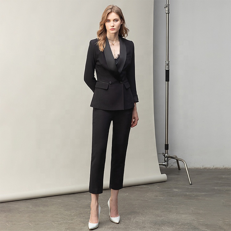 Factory Polyester Regular Solid Elegant Two Piece High Society Women Business Suits Tuxedo