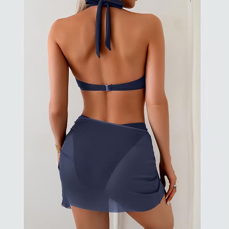 Factory Sales Sexy Halter Irregular Metal Buckle Wrinkle Lace Cover up Split Women Swimwear Custom