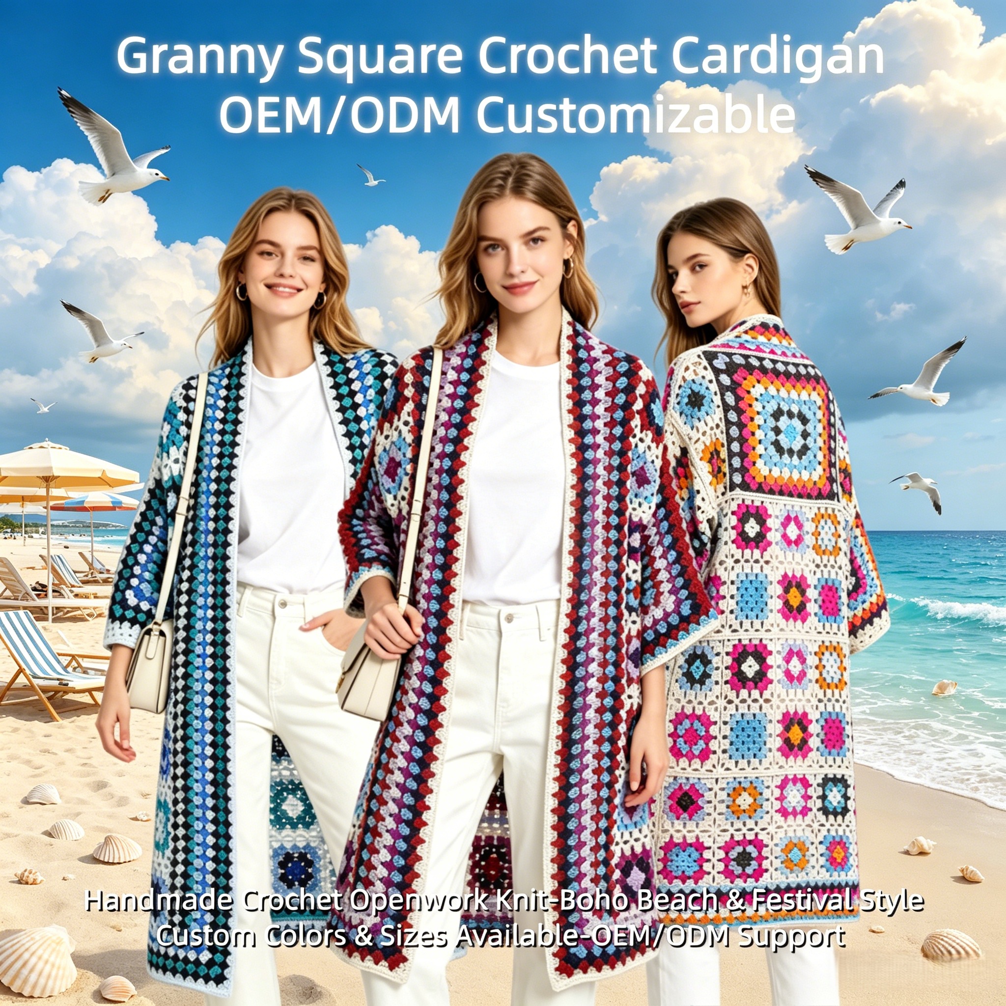 Crochet Beach Cover up Cardigan for Women Summer Beach Outfit with Acrylic Fabric &amp; Custom All-over Printing