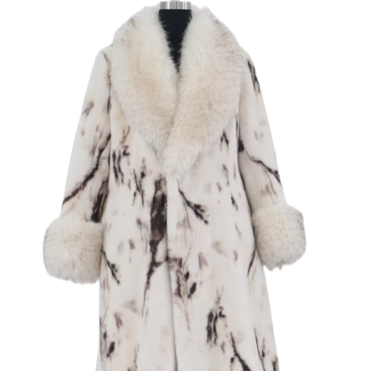 Big Collar Fur Coat Printed Jacket Women's Chic Winter Outerwear Luxury Trench Coat