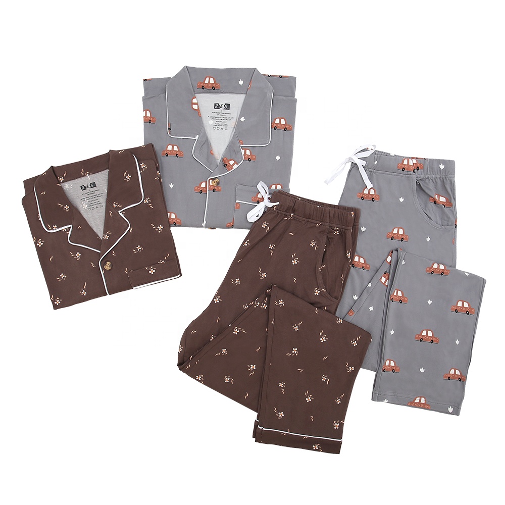 Wholesale Customized Women and Man Couple Pajamas Set Turn-down Collar Summer Long Sleeve Tops Shorts Set Sleepwear Clothes
