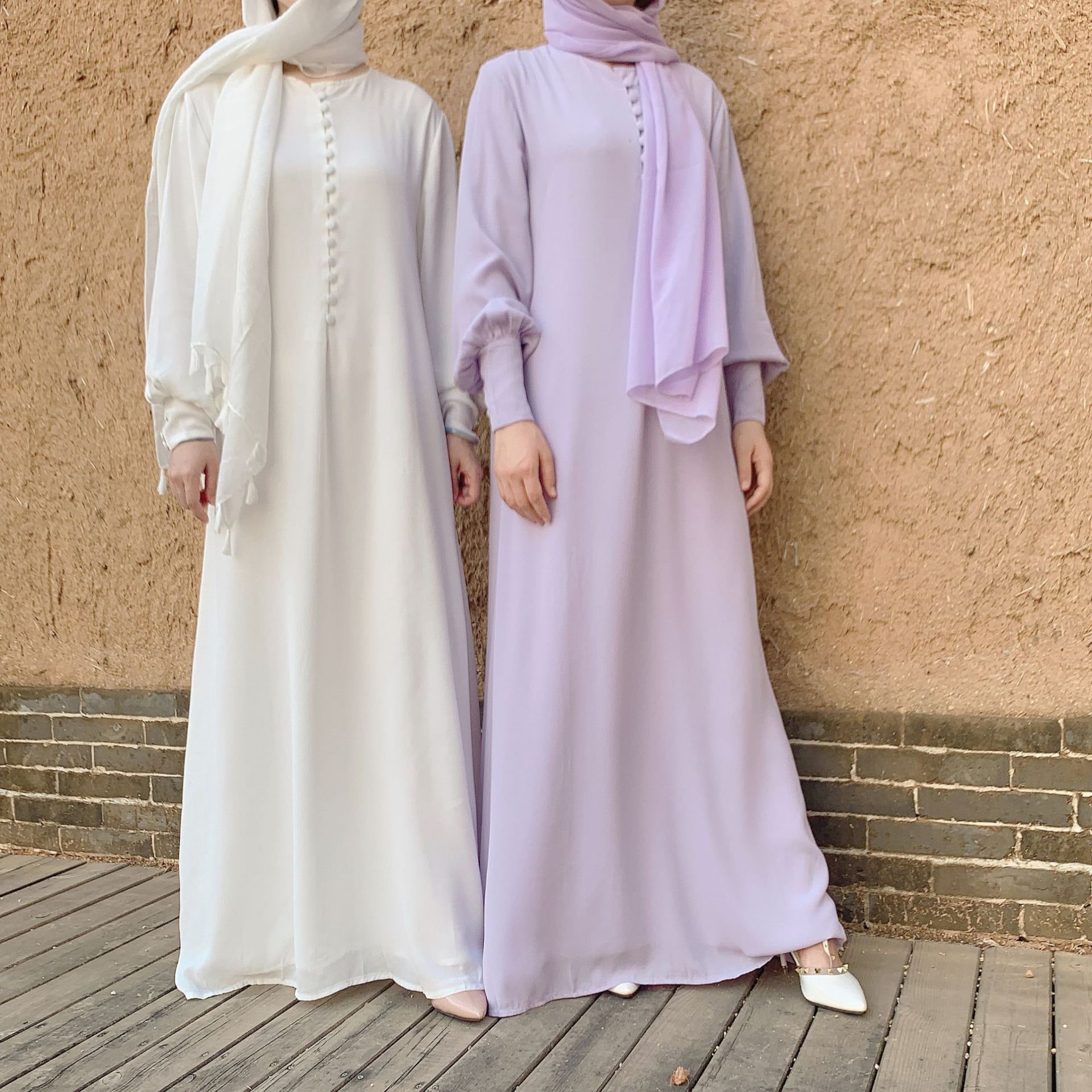 Modest Fashion Women's Long Abaya Solid Color Chiffon Casual Dress with Button Islamic Muslim Clothing
