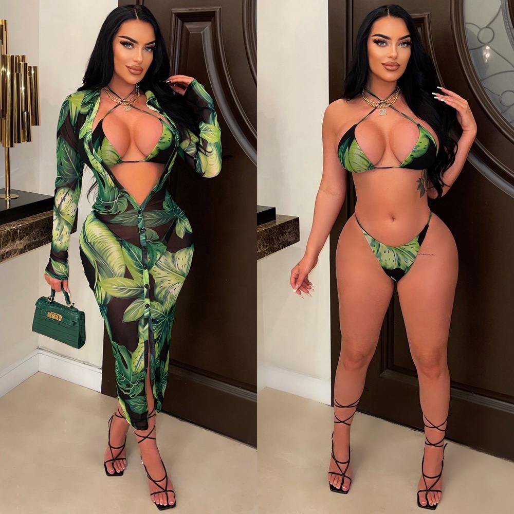 Summer New Women 3pcs Beach Swimwear Fashion Printing Bikini Swimsuit Sexy Beachwear
