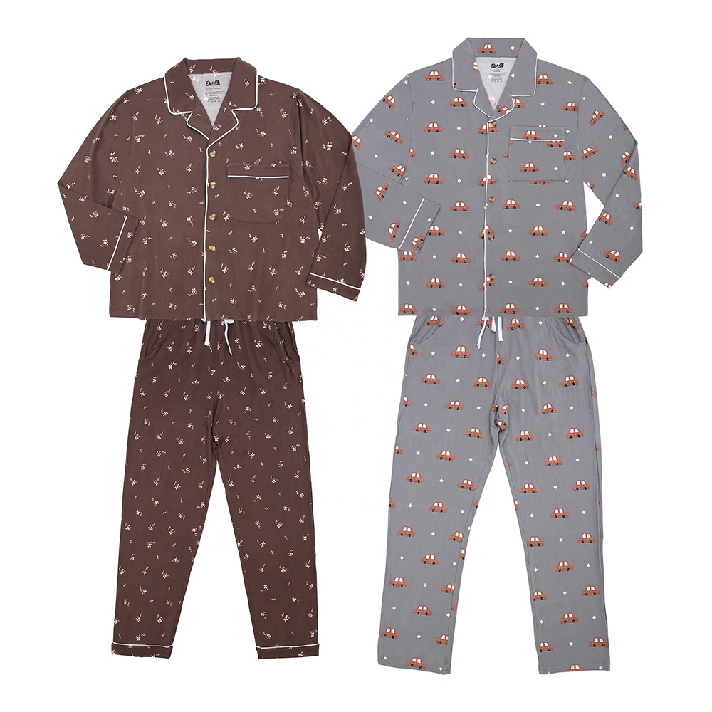 Wholesale Customized Women and Man Couple Pajamas Set Turn-down Collar Summer Long Sleeve Tops Shorts Set Sleepwear Clothes