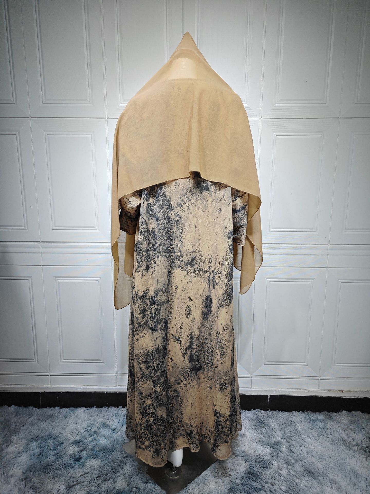 High Quality Elegant Modest Fashion Women's Muslim Polyester Chiffon Print Two-piece Summer Casual Set with Hood