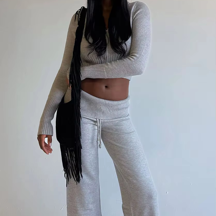 Wholesale Women's Spring Knit Cardigan Set Ensemble De Cardigan V-neck Zip Two-Piece Women Sweater Set
