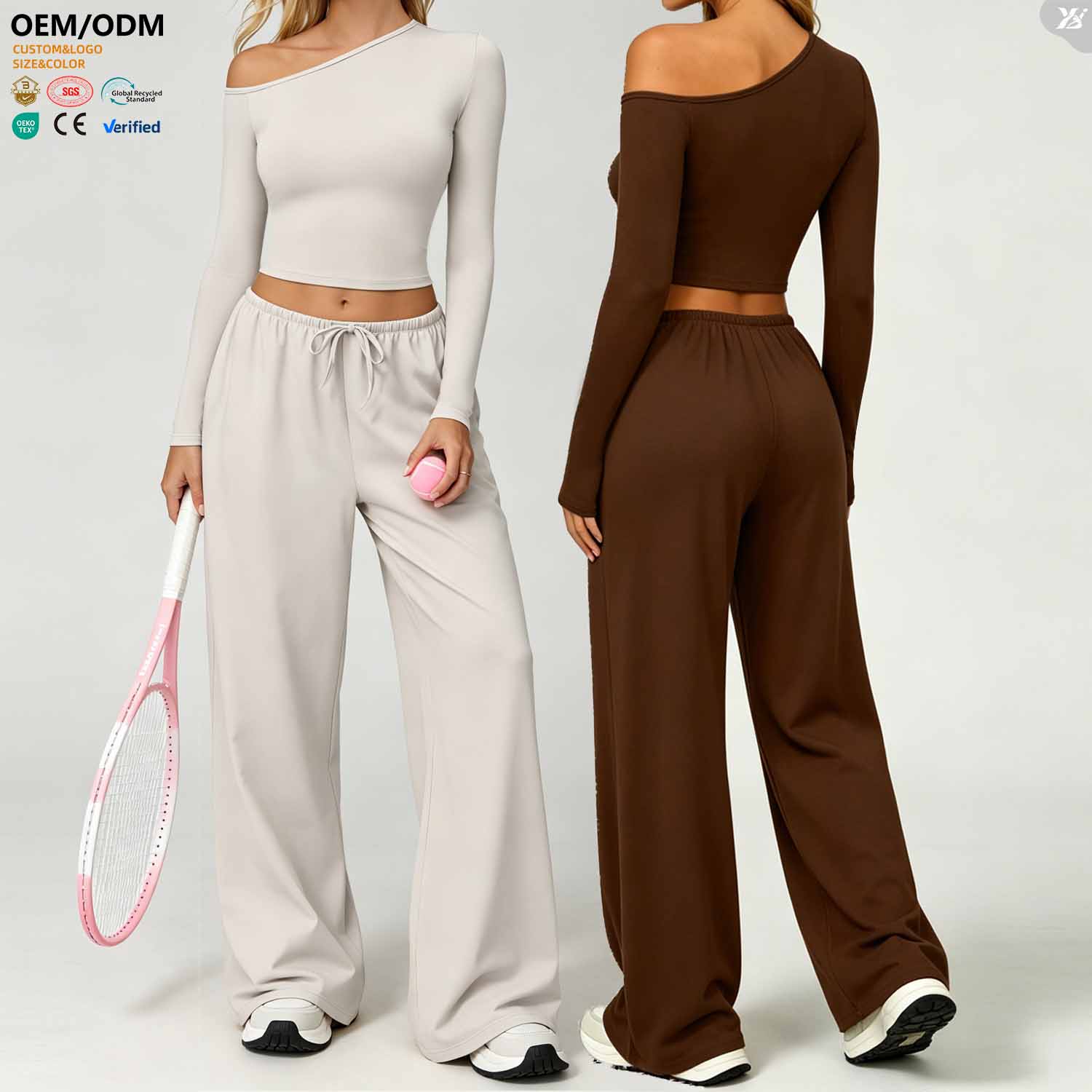 ACX8004+ACK8004 Women Lounge One Shoulder Crop Top Elastic Waist Drawstring Wide Leg Pants Casual Gym Yoga Workout Activewear