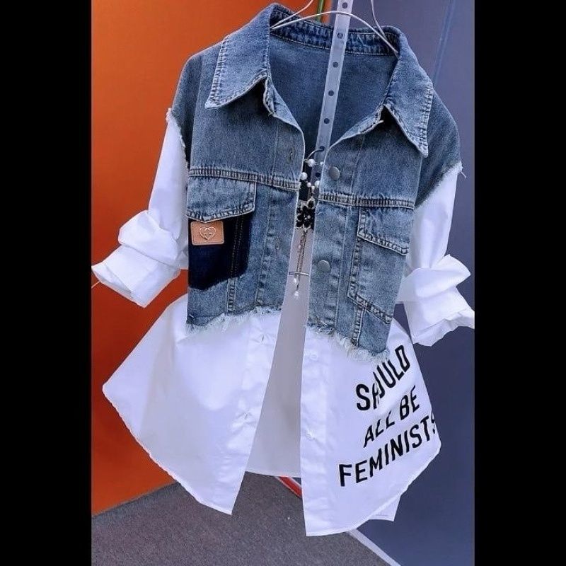 2026 New Style Denim Two-Piece Shirt with Stripes and Letter Design for Women - Trendy Long-Sleeved Outerwear Shirt