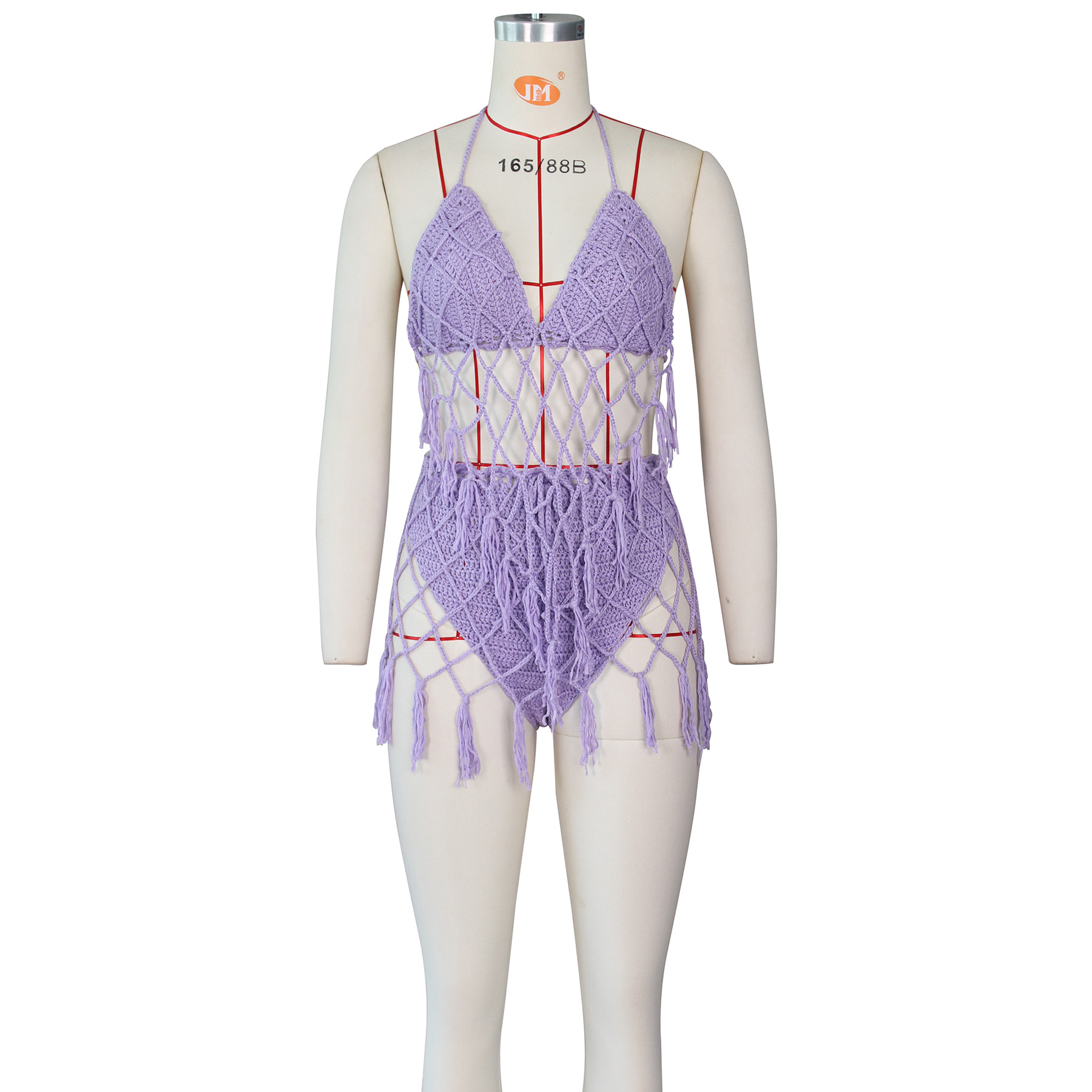 Women's Solid One Set Sexy Hand Hooked Knitted Casual Beach Blouse Swimsuit Set