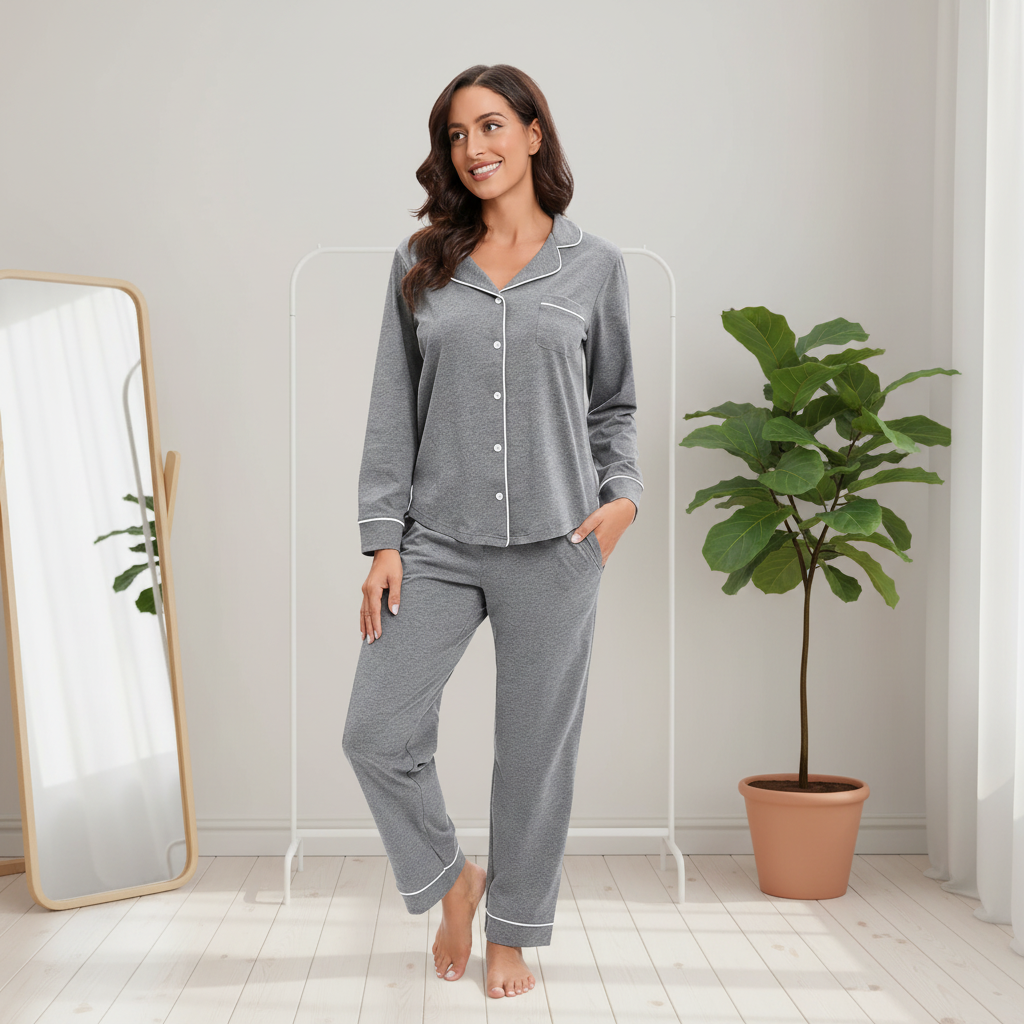 100% Cotton Solid Women's Pajama Set Soft Button-Down 2-Piece Knitted Long Sleeve Elastic Waist Custom Sleepwear Loungewear