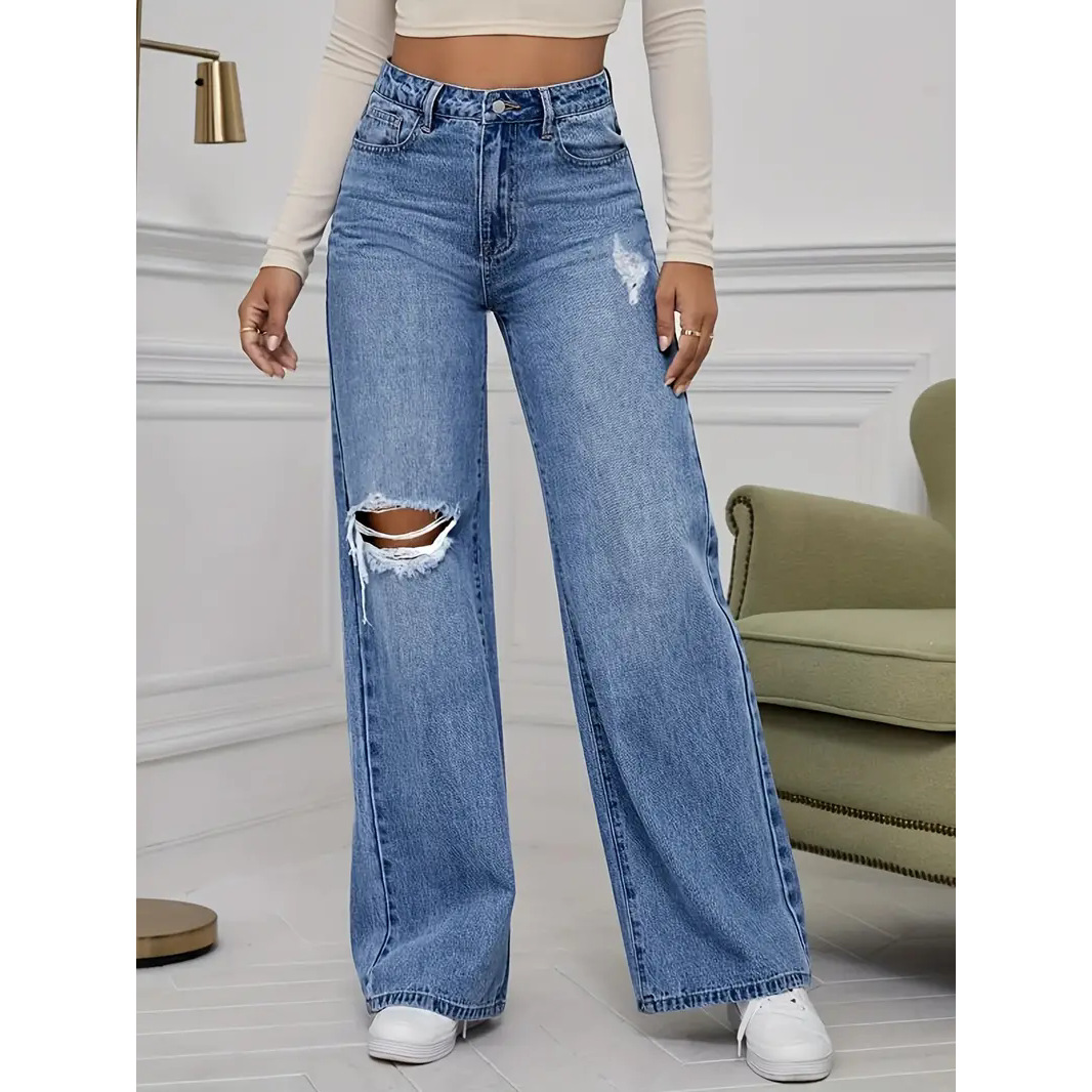 Women's High-waisted Loose Straight-leg Jeans Ripped Streetwear Light Blue Trendy Denim Trousers