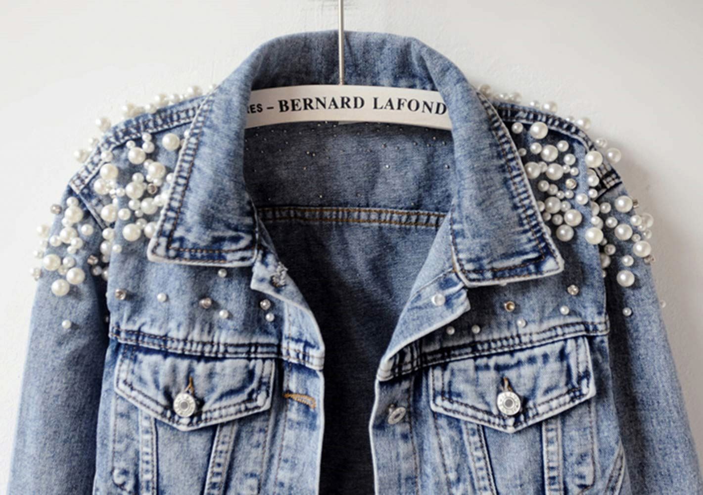 Hiking Women's Embroidered Rivet Pearl Short Denim Jacket Coat Pearls Beading Denim Jackets Loose Short Jean Coat Outerwear