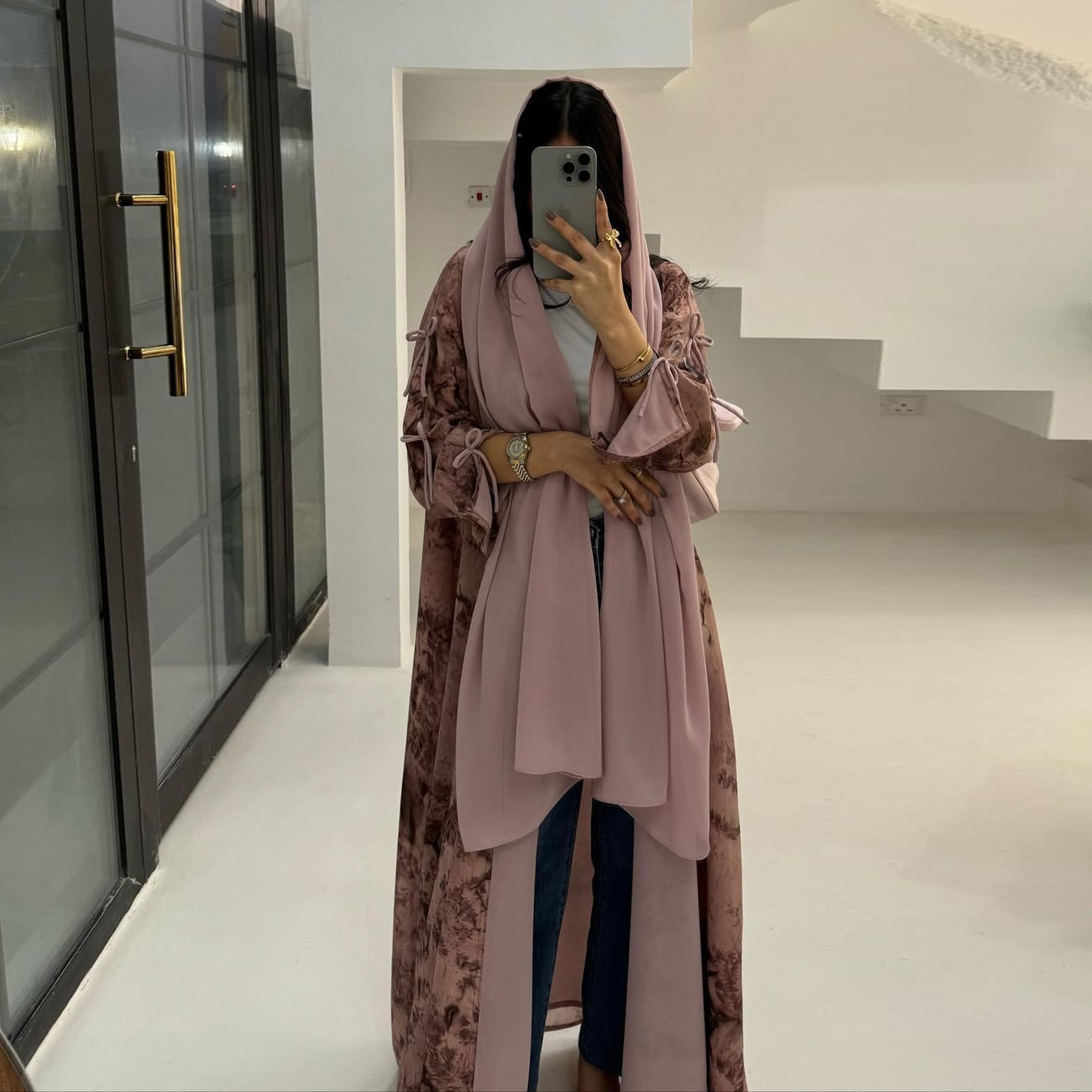 High Quality Elegant Modest Fashion Women's Muslim Polyester Chiffon Print Two-piece Summer Casual Set with Hood