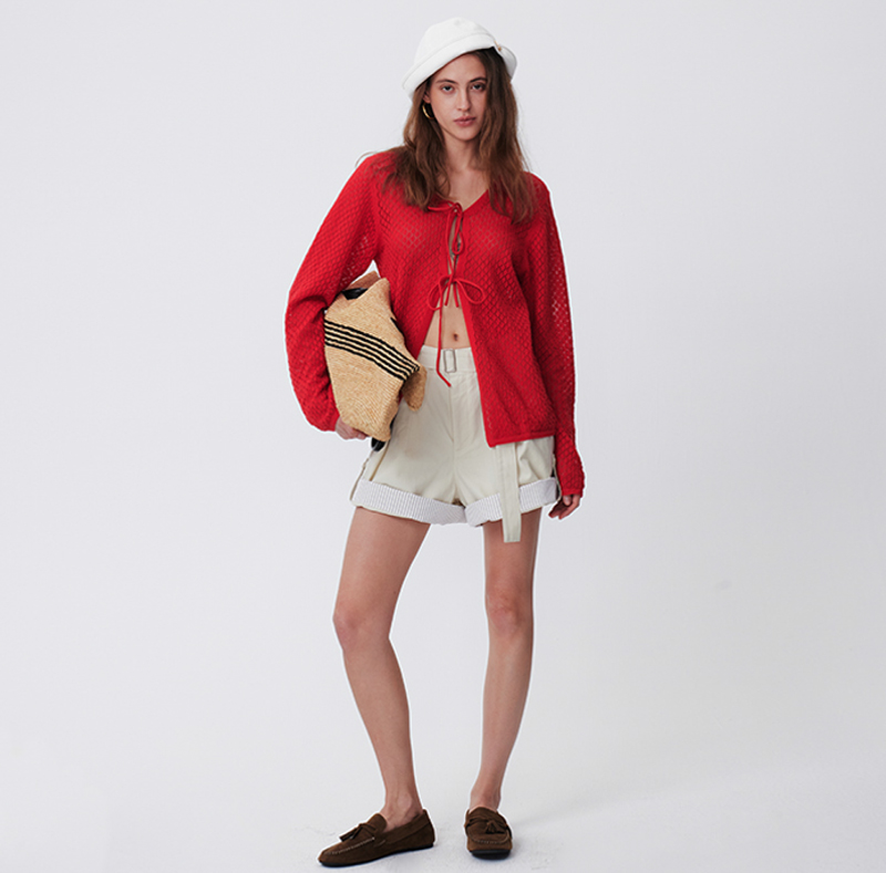 Custom Logo Designer Style Women's Summer Long Sleeve Lace Up Knit Coat Cotton Linen Blended Openwork Knit Cardigan With Lacing