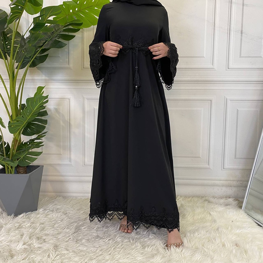 S0086 Fashion Women's Lace Patchwork Lacing Abaya Modest Khamis Arab Islamic Clothing Dress for Women