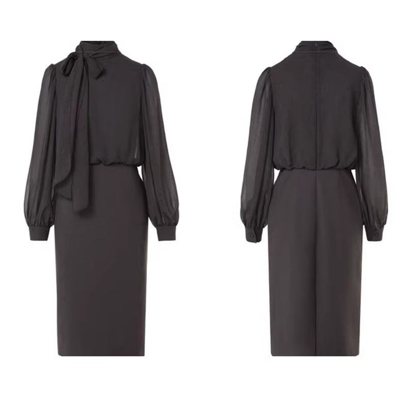 Custom Elegant Office Suit with Sheer Sleeves &amp; Tie Neck for Formal Wear