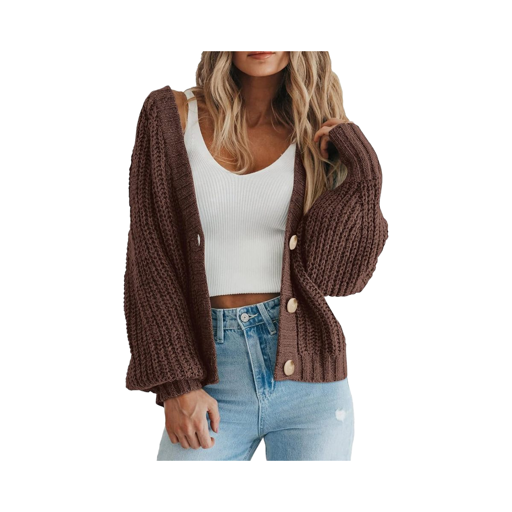 Women's Casual Chunky Knit V-neck 100% Acrylic Anti-Pilling Long Sleeve Loose Button Cardigan Winter Outerwear Front Logo