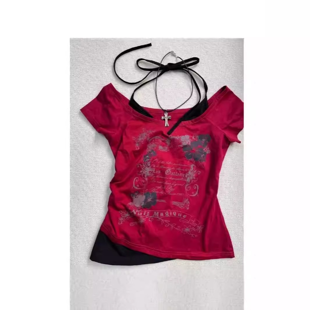 Women's Slim Fit Vintage 2-in-1 Floral &amp; Letter Print Halter Crop Top Y2K Casual Summer Top for Daily Wear