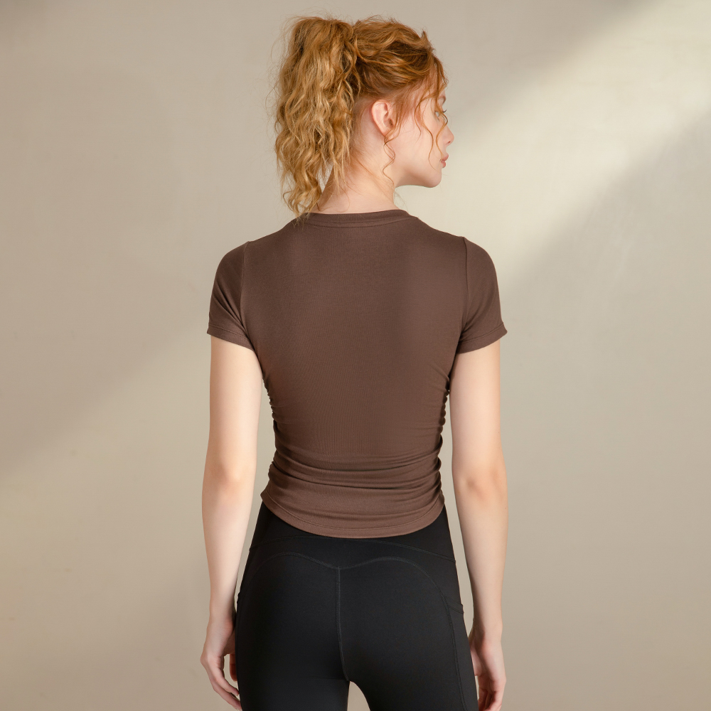Women's Side Ruched Curved Hem Yoga Top Short Sleeve Crew Neck Slim Fit Breathable Soft Athleisure Casual Daily Wear in Stock