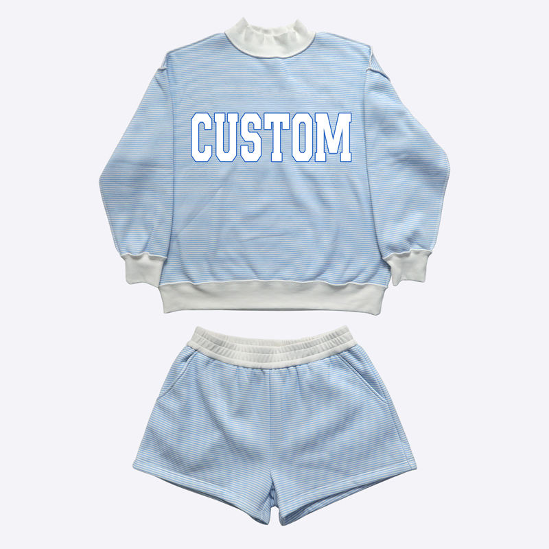 Custom logo Wholesale Women's Mock Neck Striped Long Sleeves Sweatshirts Pullover Shorts Two Piece Set Manufacturer