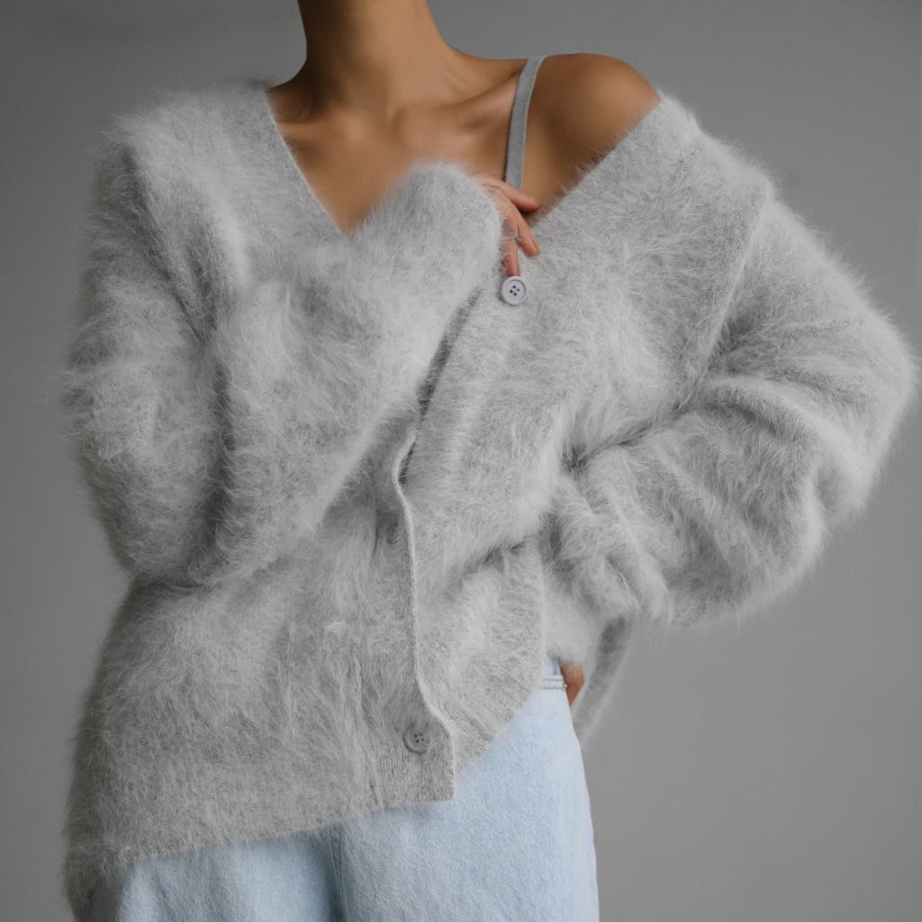 2026 New Arrival Autumn Women V Neck Button Fuzzy Knitted Cardigan Long Sleeve Loose Casual Soft Sweater Outerwear