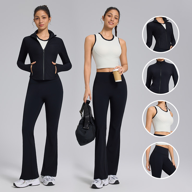 Custom Logo Fitness Sports Yoga Jacket High Waist Leggings 2 Pcs Activewear Set Gym Workout Long Sleeve Yoga Sets For Women