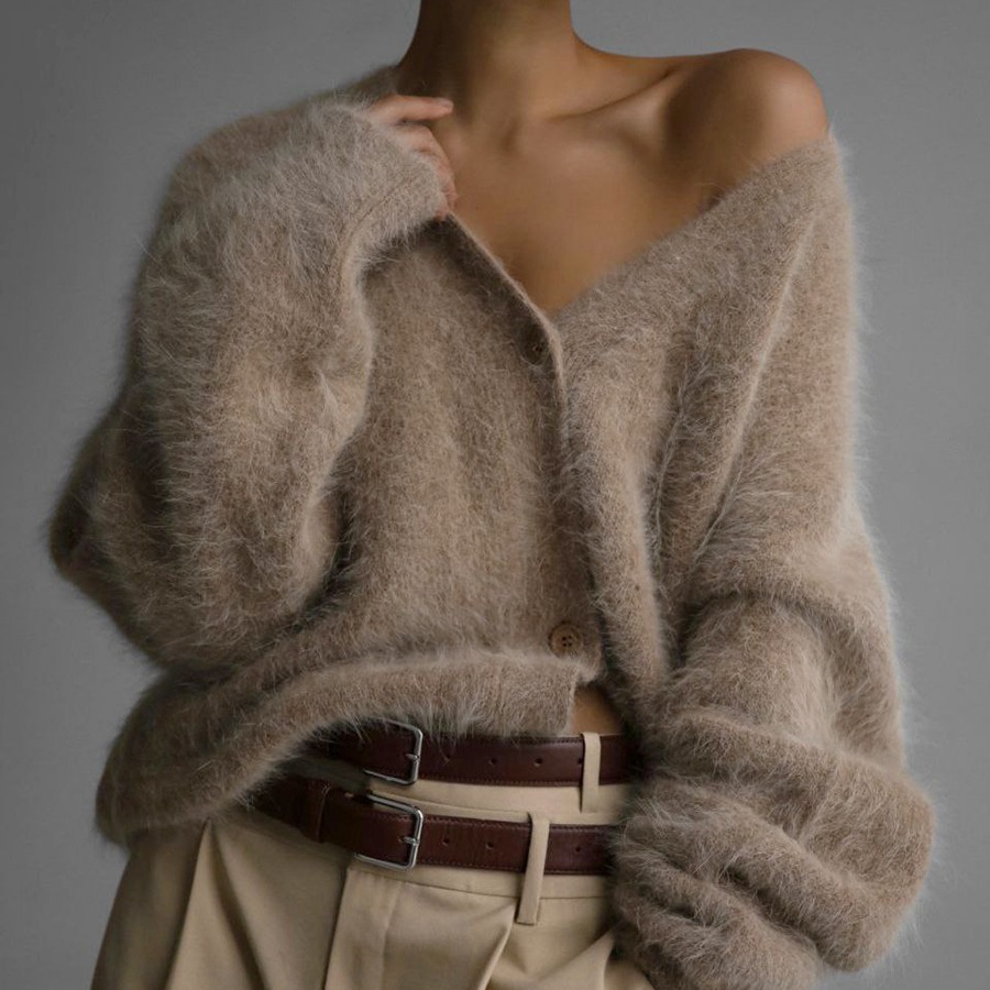 2026 New Arrival Autumn Women V Neck Button Fuzzy Knitted Cardigan Long Sleeve Loose Casual Soft Sweater Outerwear