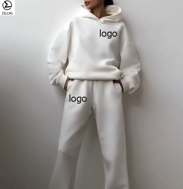 Unisex Customizable Sportswear Warm Solid Color Fleece Sweatshirt Women'S Sports Yoga Hoodie Trousers Two-Piece Suit