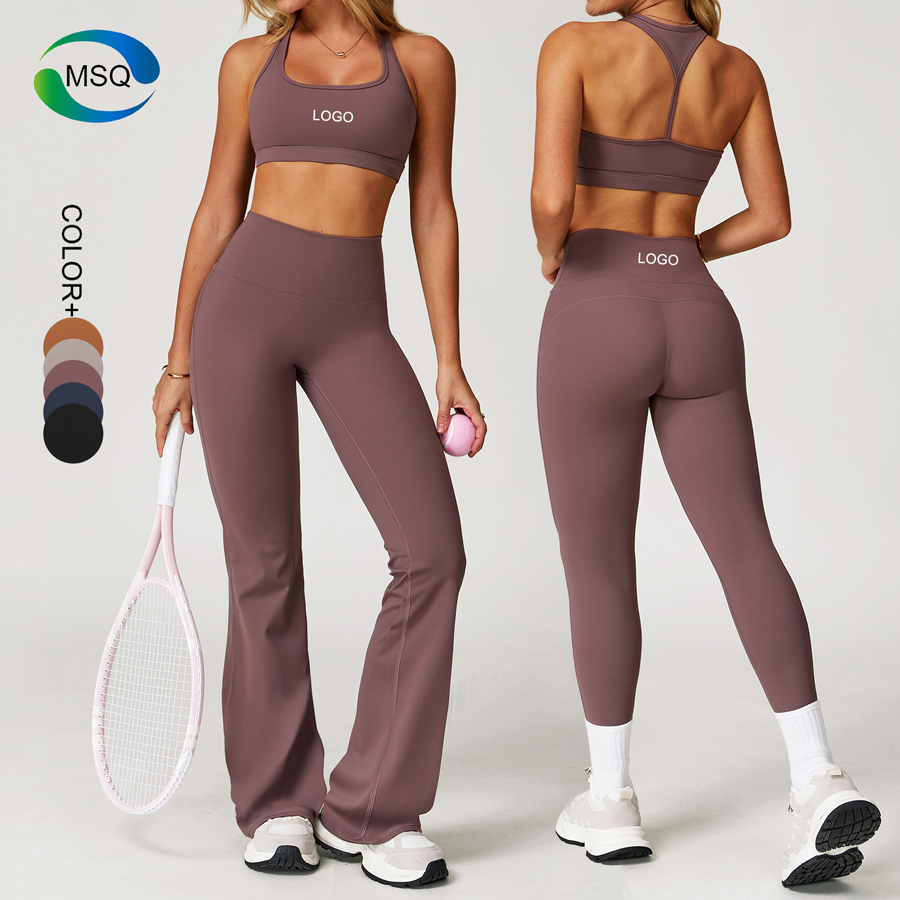Custom Logo Women's Sets 3 Piece Yoga Set Active Naked Feeling Halter Bra High Waist Tummy Control Gym Leggings Flare Pants Set