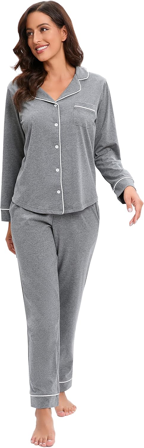 100% Cotton Solid Women's Pajama Set Soft Button-Down 2-Piece Knitted Long Sleeve Elastic Waist Custom Sleepwear Loungewear
