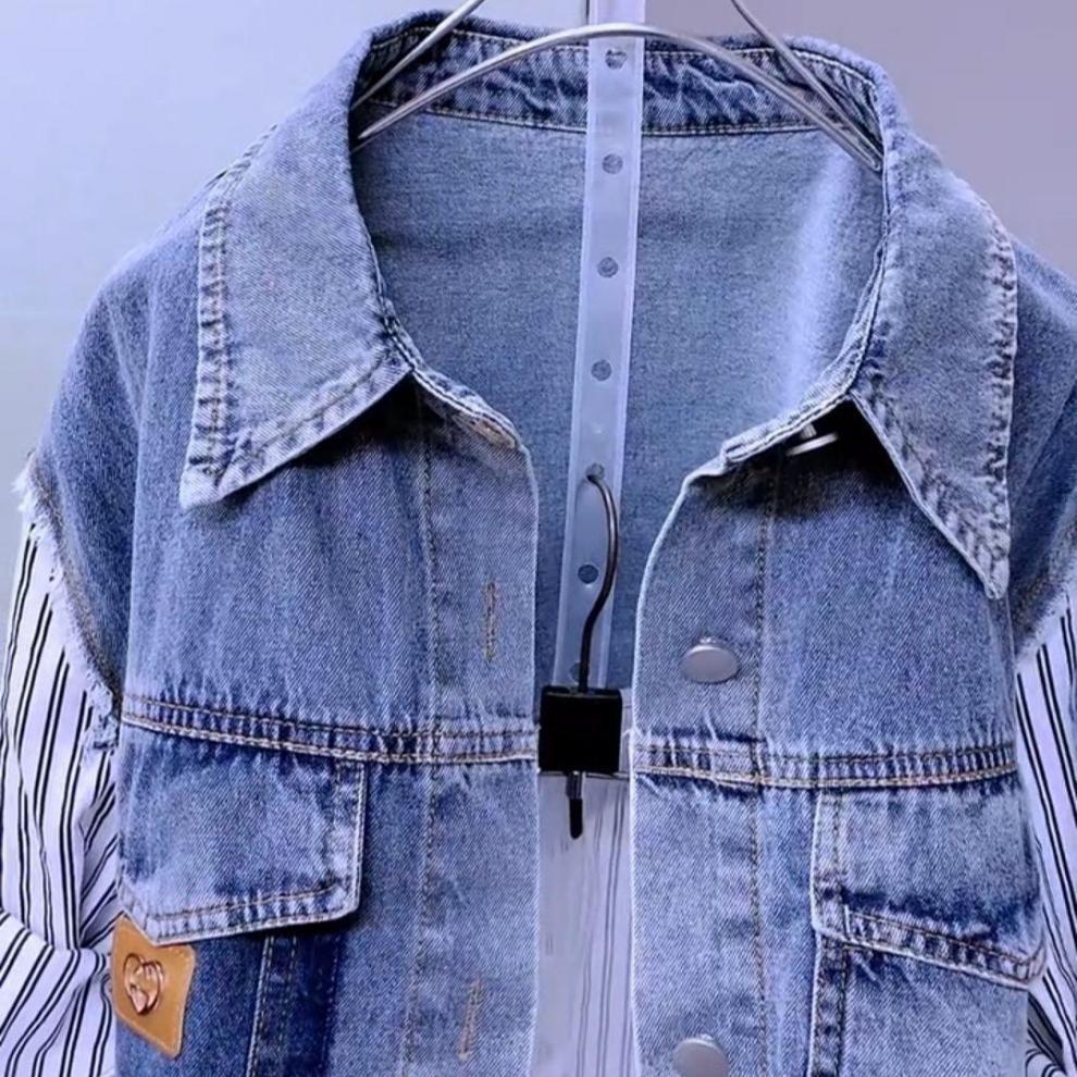 2026 New Style Denim Two-Piece Shirt with Stripes and Letter Design for Women - Trendy Long-Sleeved Outerwear Shirt