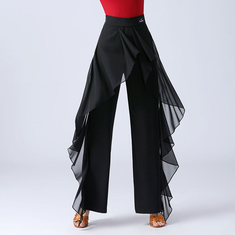 Womens Chiffon Ruffled Ballroom Dance Pants High Waist Wide-Leg Latin/Tango/Waltz Dance Trousers