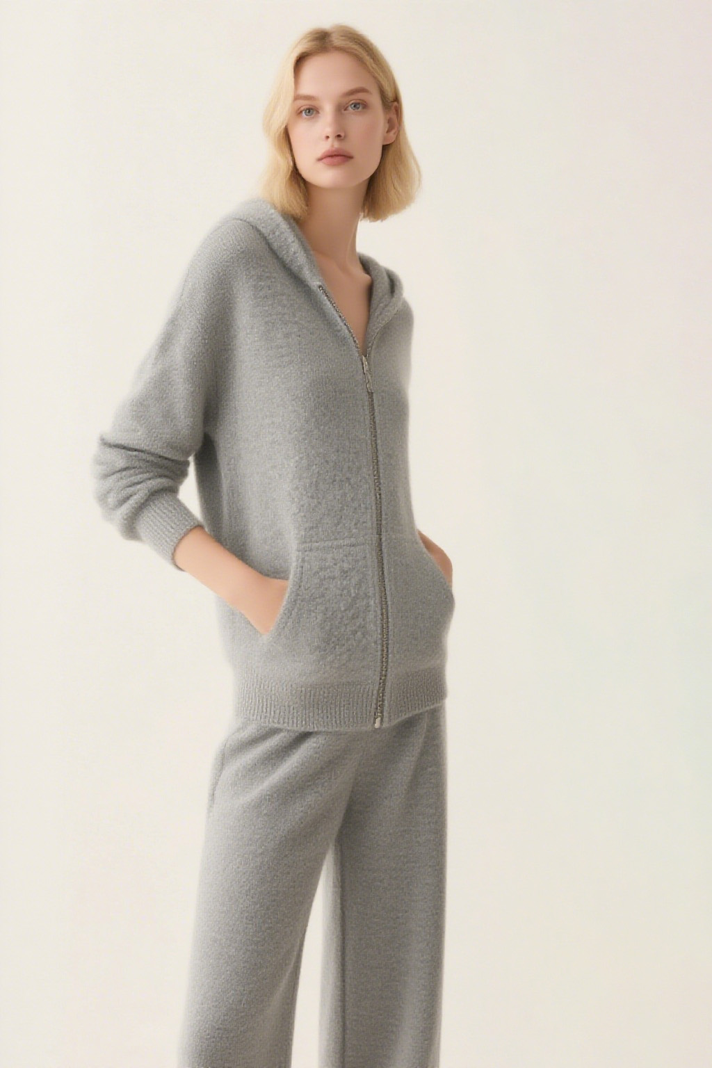 Women's Cozy Cashmere Blend Hooded Zip-Up Knit Loungewear Set