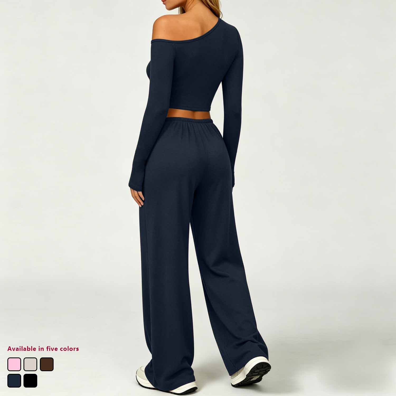 ACX8004+ACK8004 Women Lounge One Shoulder Crop Top Elastic Waist Drawstring Wide Leg Pants Casual Gym Yoga Workout Activewear