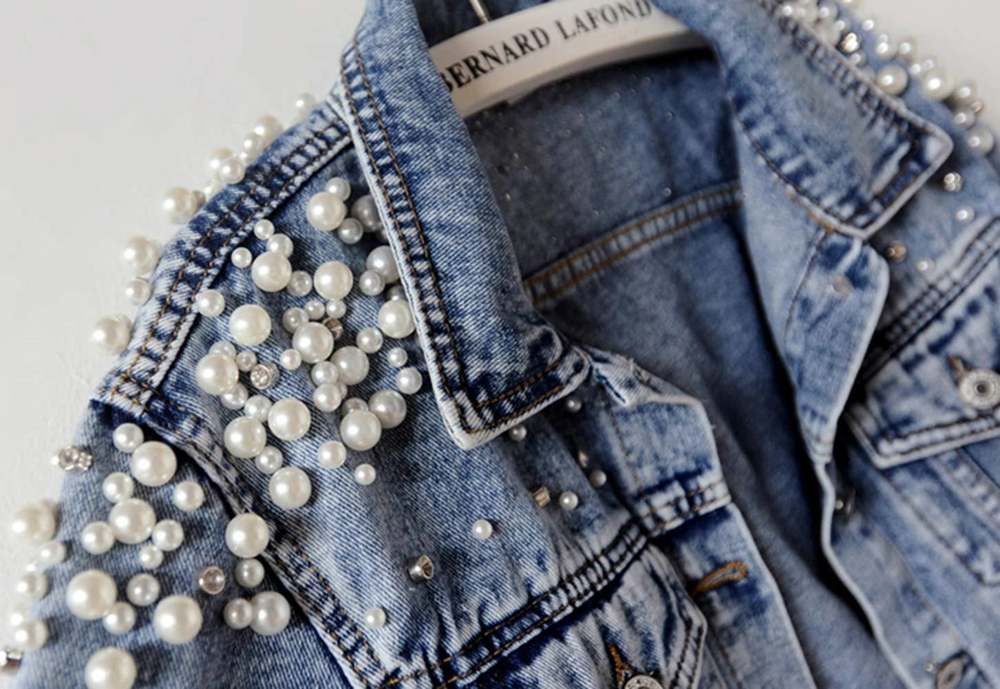 Hiking Women's Embroidered Rivet Pearl Short Denim Jacket Coat Pearls Beading Denim Jackets Loose Short Jean Coat Outerwear