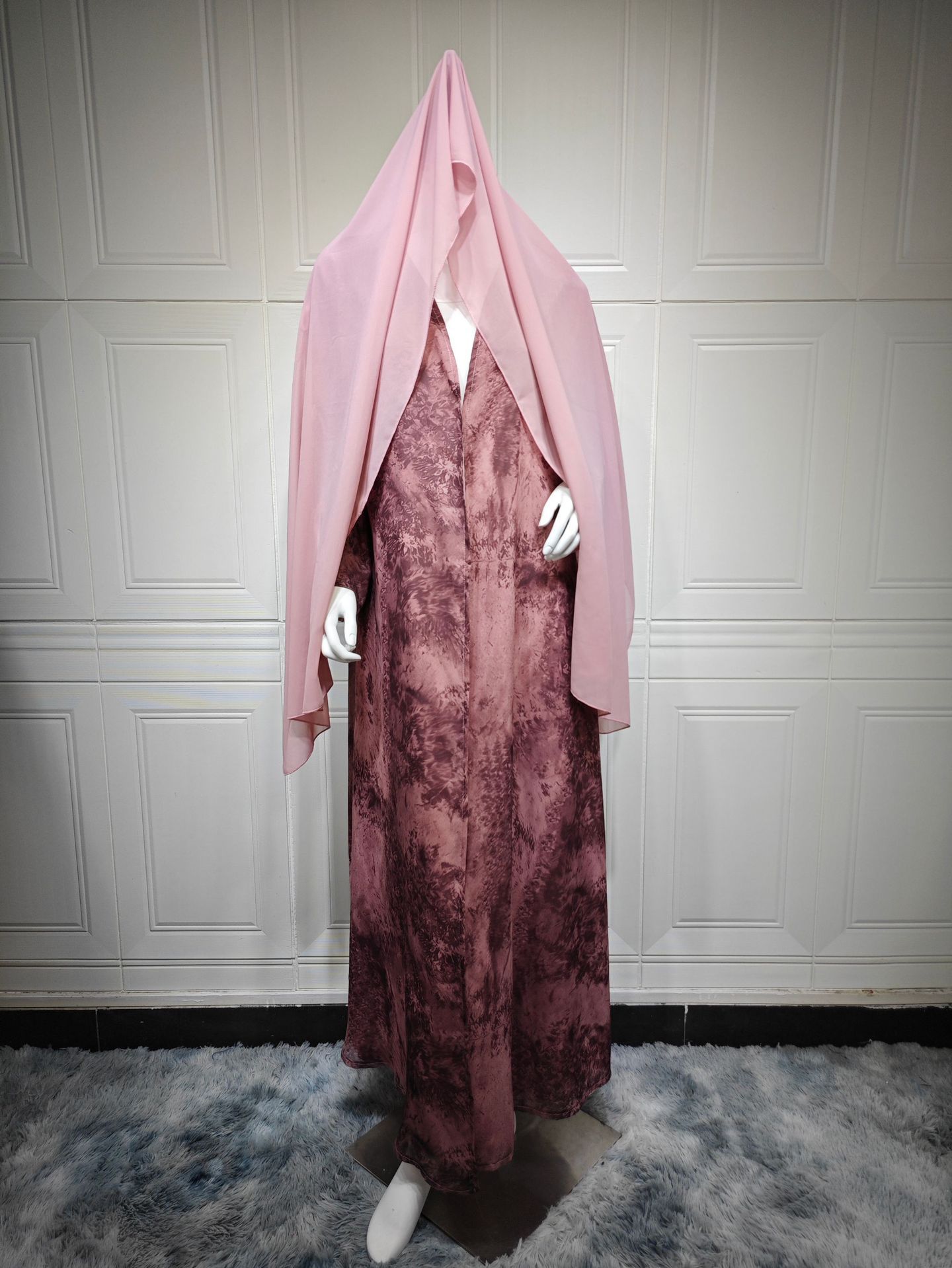 High Quality Elegant Modest Fashion Women's Muslim Polyester Chiffon Print Two-piece Summer Casual Set with Hood