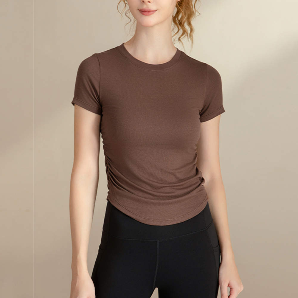 Women's Side Ruched Curved Hem Yoga Top Short Sleeve Crew Neck Slim Fit Breathable Soft Athleisure Casual Daily Wear in Stock