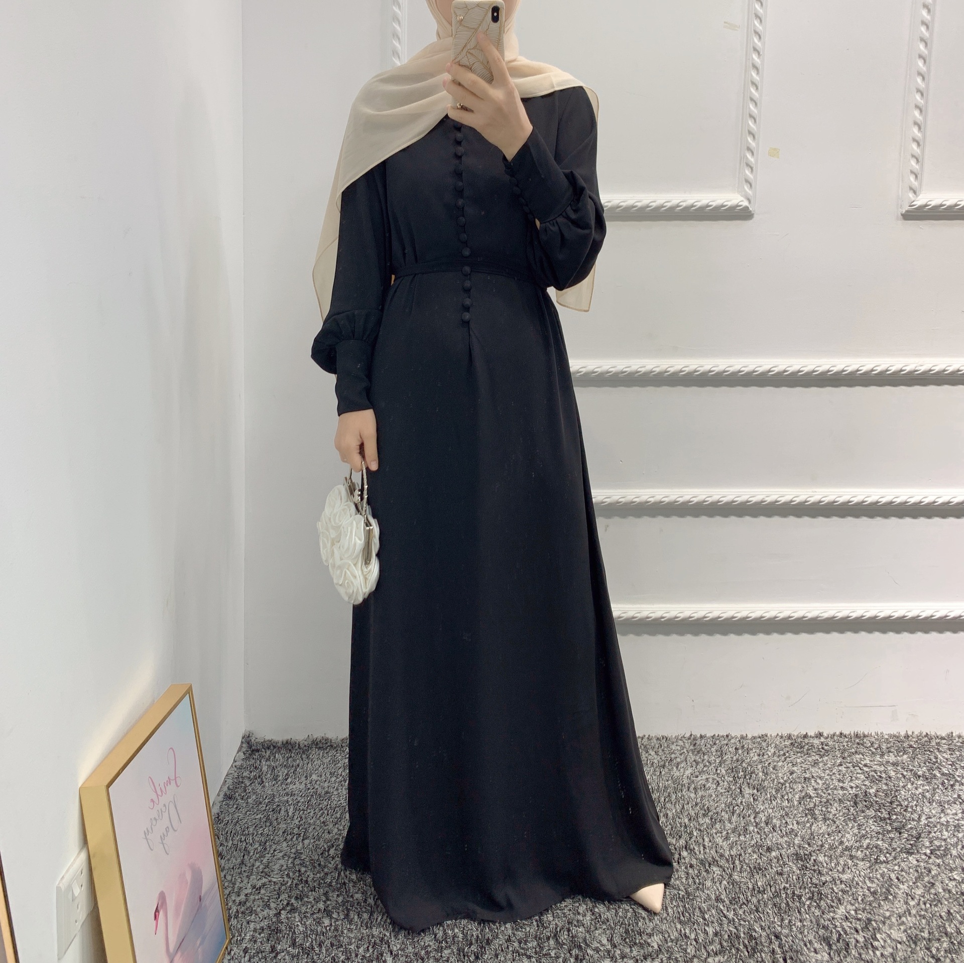Modest Fashion Women's Long Abaya Solid Color Chiffon Casual Dress with Button Islamic Muslim Clothing