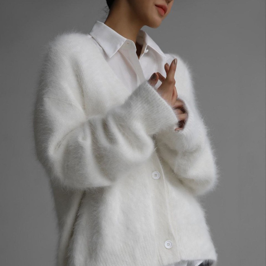 2026 New Arrival Autumn Women V Neck Button Fuzzy Knitted Cardigan Long Sleeve Loose Casual Soft Sweater Outerwear